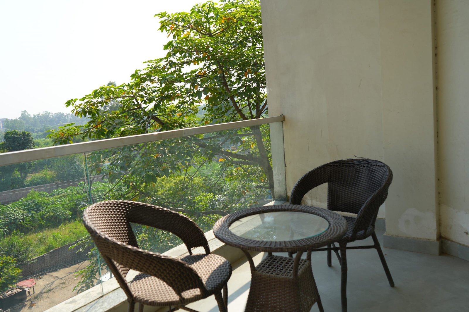 Cane seating along the balcony rail